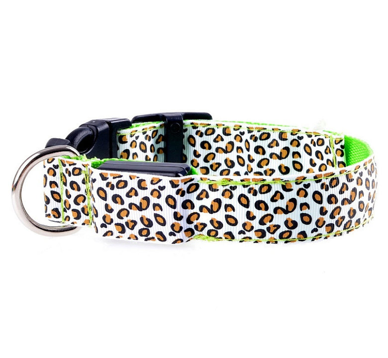 Adjustable LED Dog Collar – Safety Nylon Pet Collar with Leopard Print